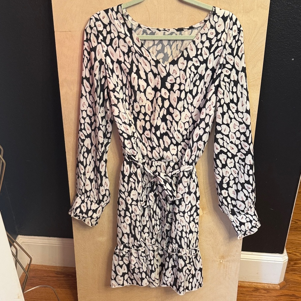 Black and White Floral Wrap Dress with Belt